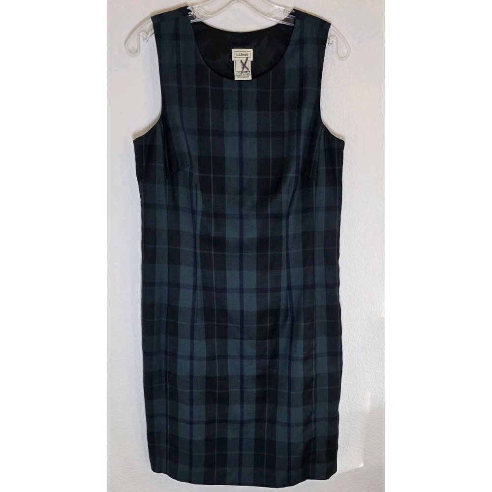 LL Bean Plaid Sleeveless Wool Dress Tartan Plaid Lined Size 10 Reg Green‎ Blue